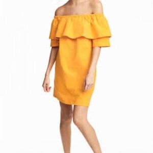 H&M Mustard Yellow On Off Shoulder Dress Cotton Pockets A Line Golden M